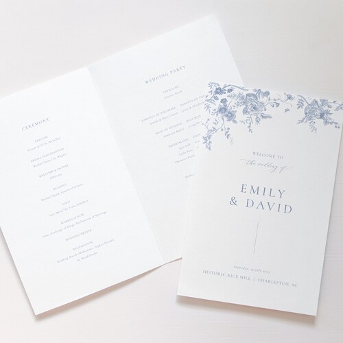 Dusty Blue Blumenzeremonieprogramm, minimalistische Programmvorlage, Sofort-Download, viktorianische Hochzeitsvorlage, bearbeitbares Hochzeitsprogramm 54