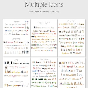 May include: A collection of watercolor illustrations of various icons for wedding invitations. The icons are organized into categories: Transportation, Getting Ready, Eat/Drink, Ceremony/Venue, Party, Travel/Landmarks, Animals/Sports/Games.