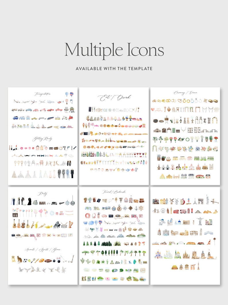 May include: A collection of watercolor illustrations of various icons for wedding invitations. The icons are organized into categories: Transportation, Getting Ready, Eat/Drink, Ceremony/Venue, Party, Travel/Landmarks, Animals/Sports/Games.