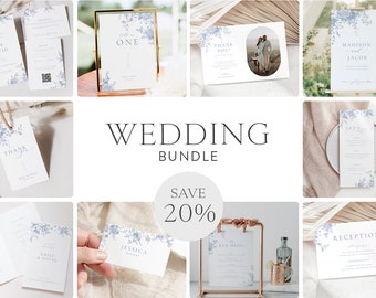 Dusty Blue Wedding Bundle, Light Blue Floral Wedding Bundle, Vintage Floral Invitation Template, Editable Wedding, Instant Download 54