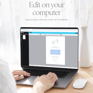 May include: A laptop displaying a wedding invitation template with editable text. The screen shows a design with floral accents and the text "Edit on your computer." Additional text at the bottom states "Edit & Move Text, Font Type, Size, Color, Line & Text Spacing, Background, Add Images, and More."