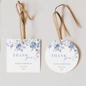 Blauwe bloemen bedankkaartje afdrukbare, Victoriaanse bruiloft cadeau labelsjabloon, ronde bedankkaartje, vierkante cadeaukaartjes voor bruiloft, bedankje 43