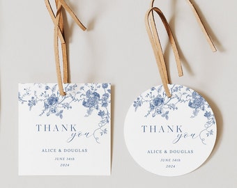 Blue Floral Favor Tag Printable, Victorian Wedding Gift Tag Template, Round Thank You Tag, Square Gift Tags for Wedding, Favor Thank You 43