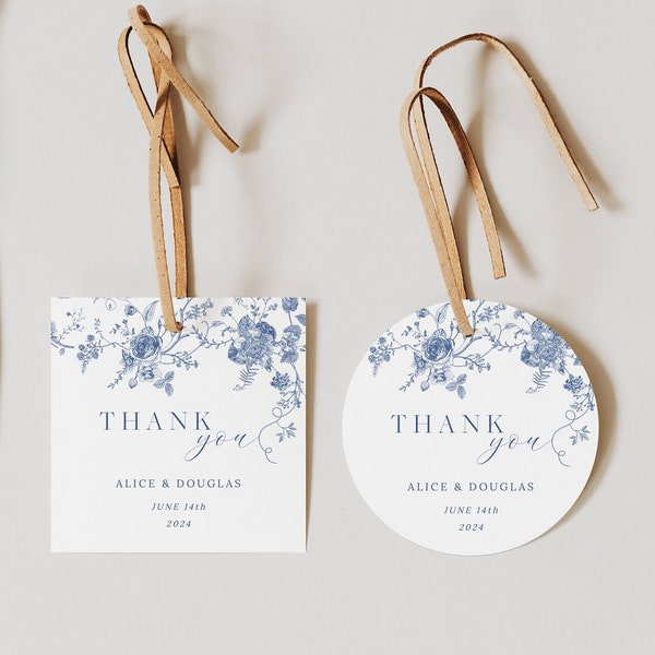 Blue Floral Favor Tag Printable, Victorian Wedding Gift Tag Template, Round Thank You Tag, Square Gift Tags for Wedding, Favor Thank You 43