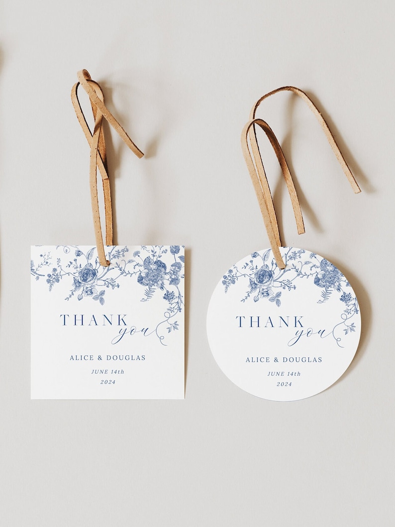 Blue Floral Favor Tag Printable, Victorian Wedding Gift Tag Template, Round Thank You Tag, Square Gift Tags for Wedding, Favor Thank You 43 image 1