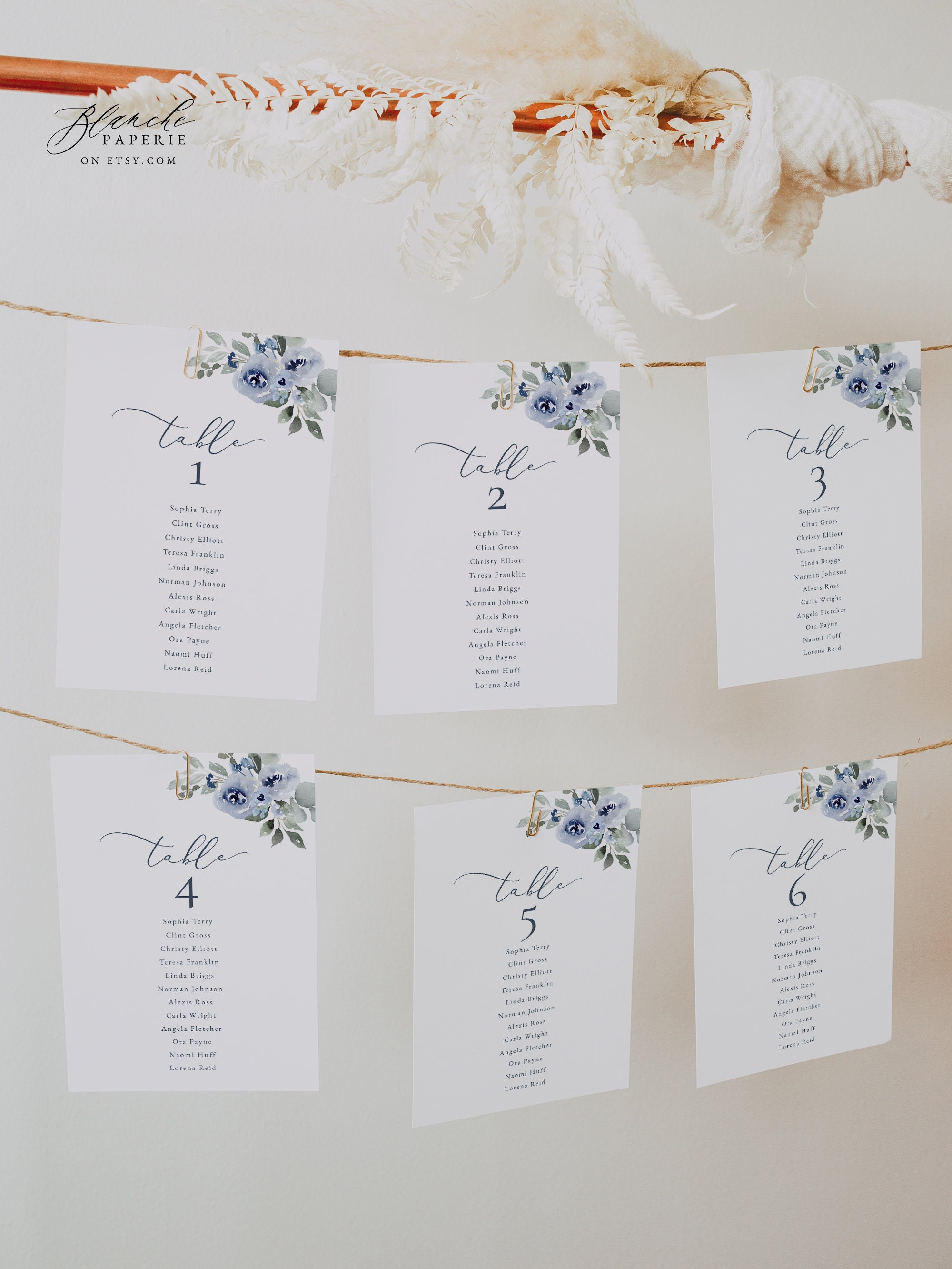 Dusty Blue Seating Chart Template, Modern Minimalist Wedding Seating Plan, Hanging Seating Cards, 5x7 Seating Cards, Editable Template 34