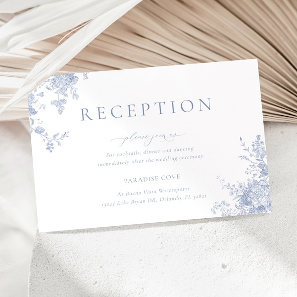 Dusty Blue Floral Reception Card, Printable Reception Card, Wedding Reception Insert Card Template, Editable Template, Reception Template 54