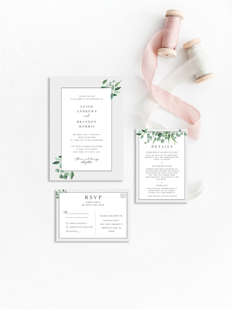 Leaf Wedding Invitation Set Template Eucalyptus Wreath Printable Wedding Invitation Suite DIY Templett PDF Instant Download Editable 26
