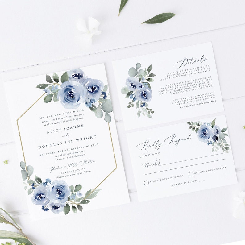 Dusty Blue Wedding Invitation Set Instant Download Navy Etsy