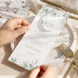 Modelo de menu de casamento floral vintage verde, menu para impressão verde-oliva, menu editável, menu de jantar verde-musgo, modelo editável 26