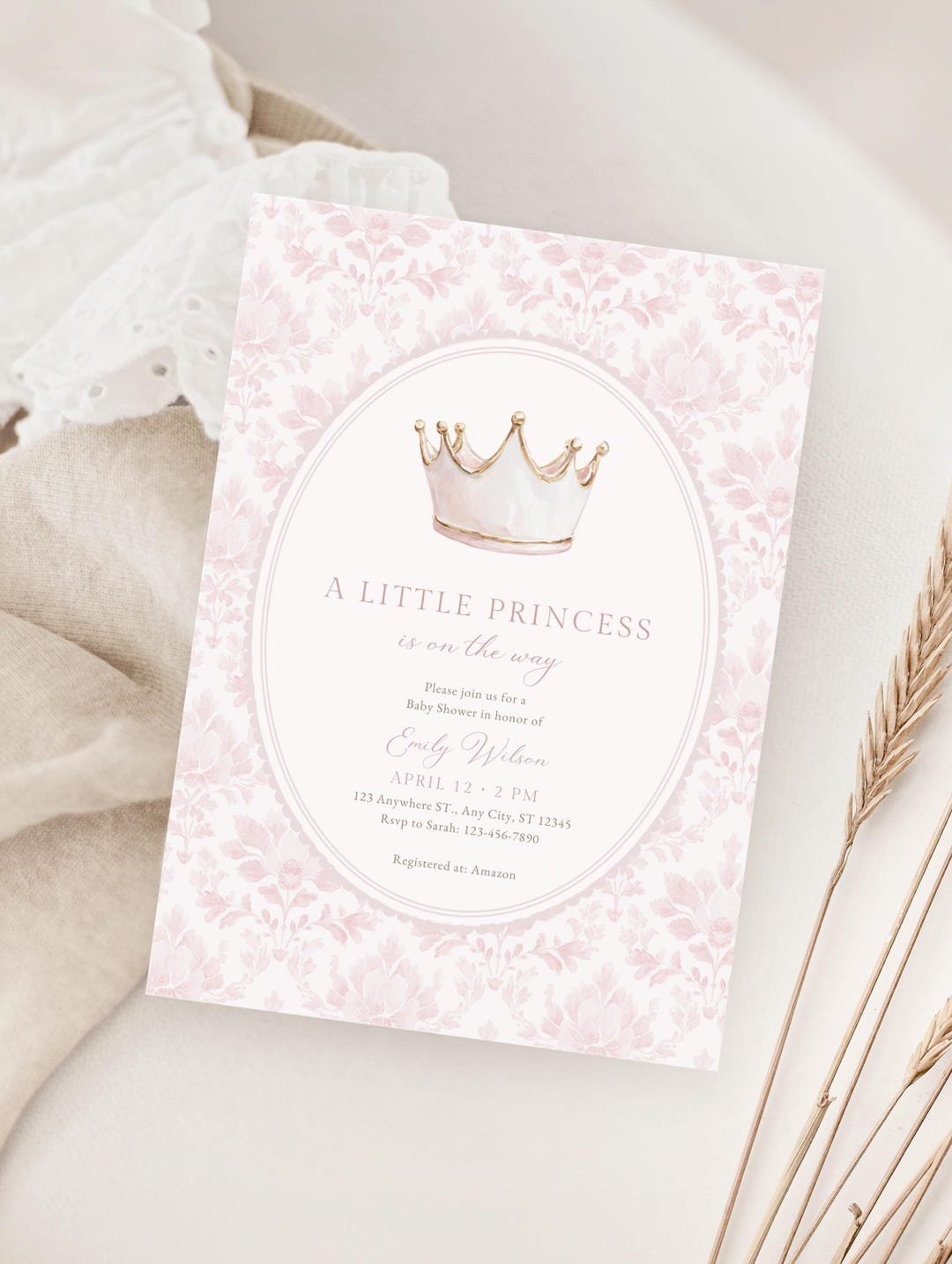 Pink Princess Baby Shower Invitation With Crown - Canva Template - Etsy