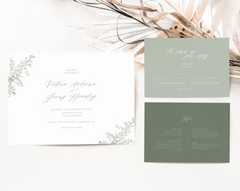 Sage Green Wedding Invitation Template, Editable Invite, Greenery Wedding, Dusty Green Invite, Printable Invitation Set, Instant Download