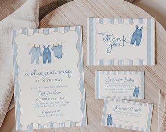 Paquete de invitaciones para baby shower de Blue Jean: invitación, libros para bebé, sorteo de pañales y tarjeta de agradecimiento.