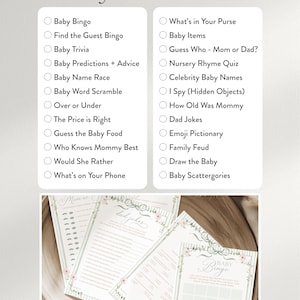 May include: A set of baby shower games with a floral design. The image features a list of 24 game ideas, including Baby Bingo and Baby Trivia. Several printed game sheets are displayed, showcasing the game titles and decorative elements.