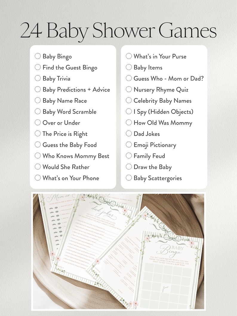 May include: A set of baby shower games with a floral design. The image features a list of 24 game ideas, including Baby Bingo and Baby Trivia. Several printed game sheets are displayed, showcasing the game titles and decorative elements.