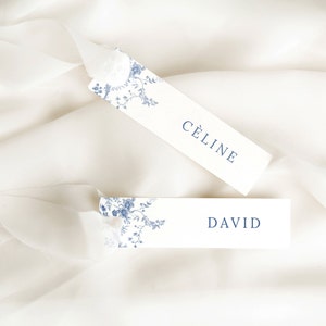 Plantilla de tarjeta de lugar de boda delgada, azul floral vintage, tarjeta de lugar simple, tarjetas de lugar minimalistas modernas, tema victoriano, tarjetas de lugar delgadas 43