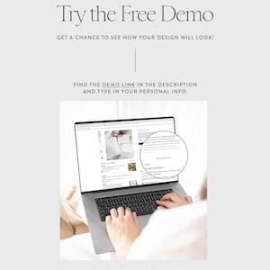 May include: A laptop displaying a website with product details. The screen shows a product listing with a zoom-in on the "Instant Download" option. Text at the top reads "Try the Free Demo." Instructions are provided to find a demo link.