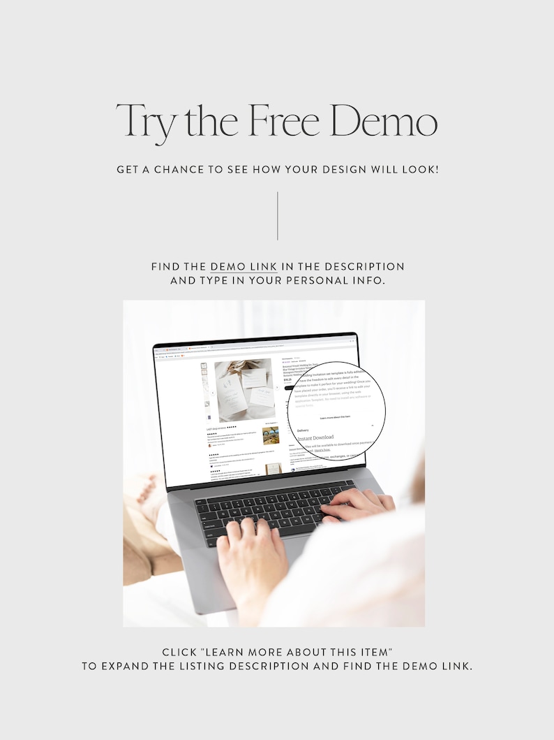 May include: A laptop displaying a website with product details. The screen shows a product listing with a zoom-in on the "Instant Download" option. Text at the top reads "Try the Free Demo." Instructions are provided to find a demo link.