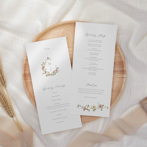 Wildflower Ceremony Program Template, Floral Wreath Wedding Program, Printable, Minimalist, Template, Wedding Ceremony, Editable Program 04