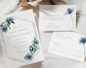 Blue Thistle Wedding Invitation Set Template Blue Floral Printable Wedding Invitation Suite Thistle Flowers Instant Download Editable PDF 25