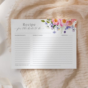 Bright Colorful Floral Recipe Card Template, Printable Bridal Shower Recipe Insert, Editable Kitchen Recipe Template, Modern Recipe Card 23