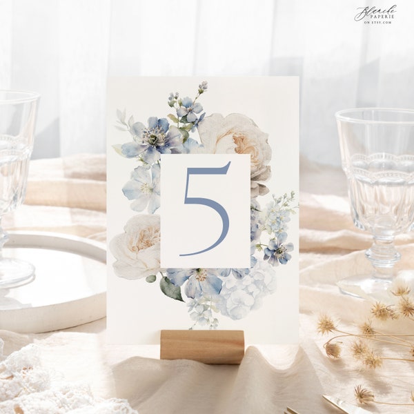 Dusty Blue Floral Table Number, Watercolor Table No, Printable Table numbers, Wedding Table Number, Instant Download, Editable Template 63