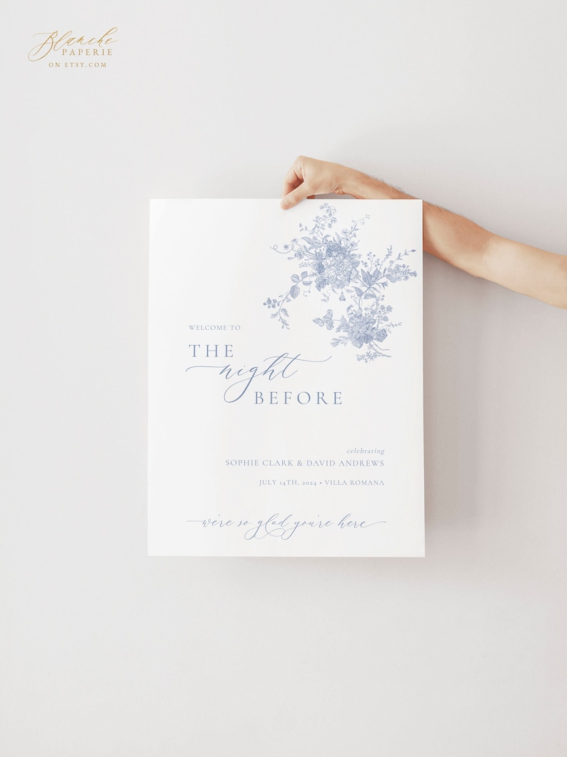 May include: A white welcome sign with blue floral illustrations and the text "Welcome to the night before celebrating Sophie Clark & David Andrews July 4th, 2034 Villa Romana were so glad you're here".