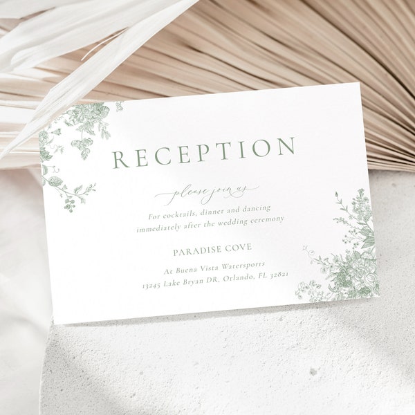 Sage Green Floral Reception Card, Printable Reception Card, Wedding Reception Insert Card Template, Editable Template, Reception Template 55