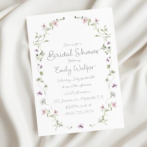 Modèle d'invitation de douche nuptiale floral manuscrit, floral simple, douche nuptiale imprimable fleurs sauvages, carte modifiable, téléchargement immédiat