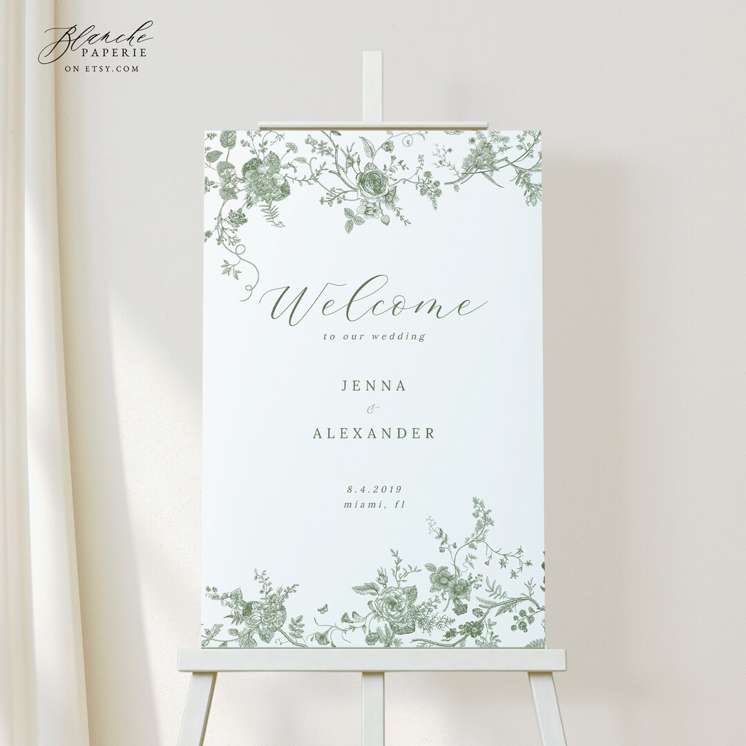 Green Floral Sign, Wedding Sign Template, Romantic Vintage