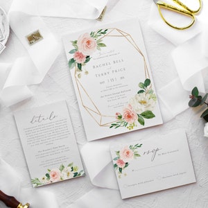 Editable Wedding Invitation Set Template Blush Florals Printable Invite Boho RSVP Details Instant Download Greenery Pink Gold Summer 19