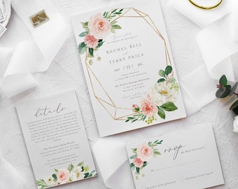 Editable Wedding Invitation Set Template Blush Florals Printable Invite Boho RSVP Details Instant Download Greenery Pink Gold Summer 19