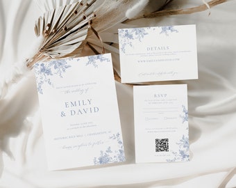 Vintage Floral Wedding Set, Dusty Blue Floral Invitation Template, Printable Invitation Kit, Instant Download, Victorian Wedding Invite 54