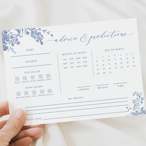 Tarjeta con consejos y predicciones para bebés, baby shower con flores azules, imprimible para fiesta de té para bebés, consejos para bebés hechos en casa, predicciones para bebés, Instant 43
