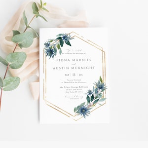 Modèle modifiable de faire-part de mariage chardon bleu Mariage bleu Eryngium Modèle de mariage houx de mer Mariage champêtre rustique Téléchargement instantané25