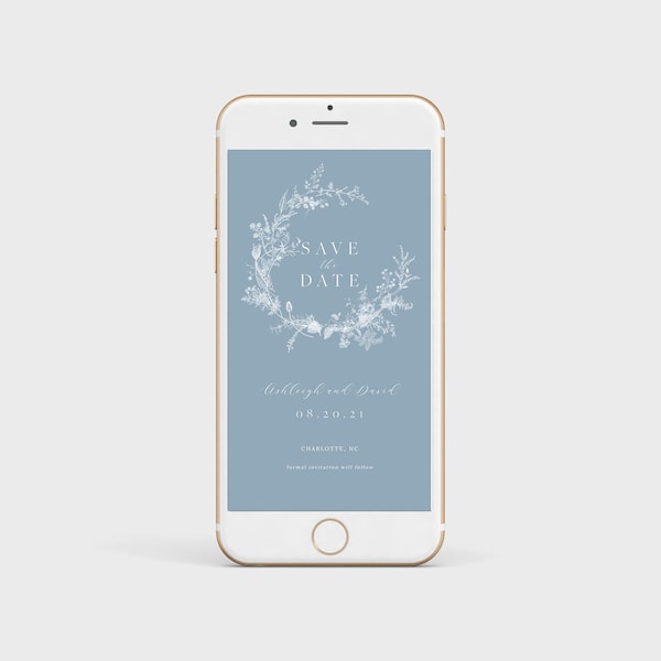 Text Message Save the Date Template, Blue Floral Save the Date, Electronic Save the Date Evite, Blue Floral, Navy Blue Editable Template 43