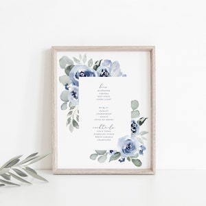 Blue Floral Bar Menu Sign Template, Wedding Drink Sign, Dusty Blue Floral, Navy floral , Drinks Menu, Editable Sign, Instant Download 34
