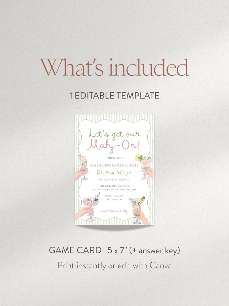 Puede incluir: Una plantilla de invitaci&oacute;n imprimible con el texto "Let's get our Mahj-On!" en verde y rosa. La invitaci&oacute;n es para una Noche de Chicas de Mahjong, con la fecha, hora y detalles del lugar. La invitaci&oacute;n es de 12,7 x 17,8 cm.