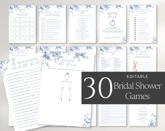 Blue Floral Bridal Shower Games Bundle, Printable Bridal Shower Games, Victorian Wedding Shower Games, Bridal Shower Game Package 43