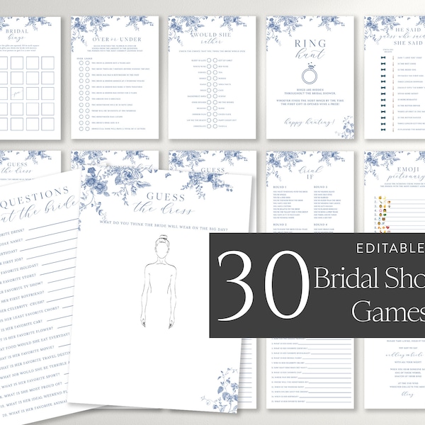 Blue Floral Bridal Shower Games Bundle, Printable Bridal Shower Games, Victorian Wedding Shower Games, Bridal Shower Game Package 43