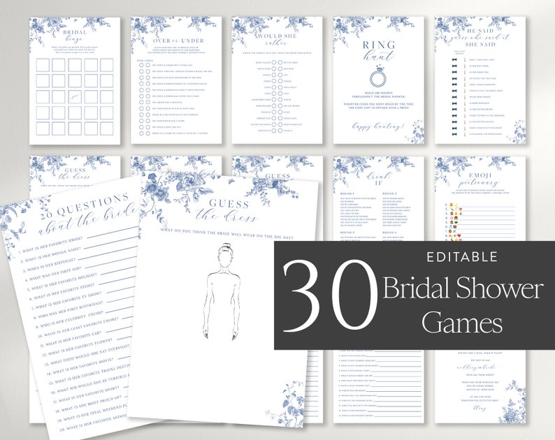 Blue Floral Bridal Shower Games Bundle, Printable Bridal Shower Games, Victorian Wedding Shower Games, Bridal Shower Game Package 43 image 1