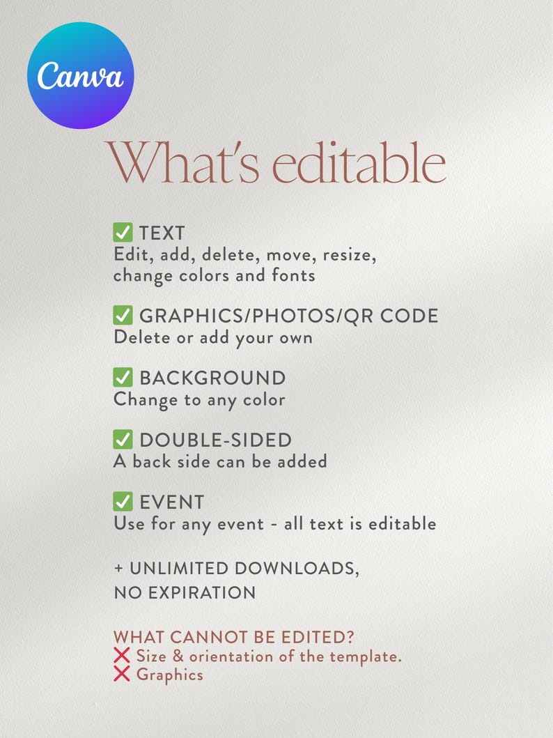 Puede incluir: Gr&aacute;fico de Canva con el texto "What's editable" en fuente marr&oacute;n. Enumera las funciones editables: texto, gr&aacute;ficos, fondo, doble cara y evento. Tambi&eacute;n indica descargas ilimitadas y sin caducidad.