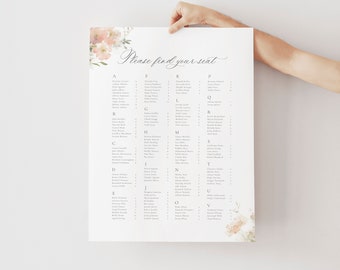 Blush Floral Seating Chart, Blush Floral Wedding Seating, Botanical Sign, Instant Download, Printable Seating Plan, Editable Sign 62