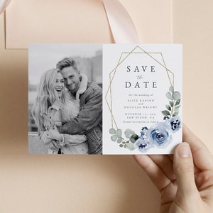 Photo Save the Date, Add your own photo template, Blue Floral Template, Dusty Blue Save the Dates, Editable Template, Instant Download 34