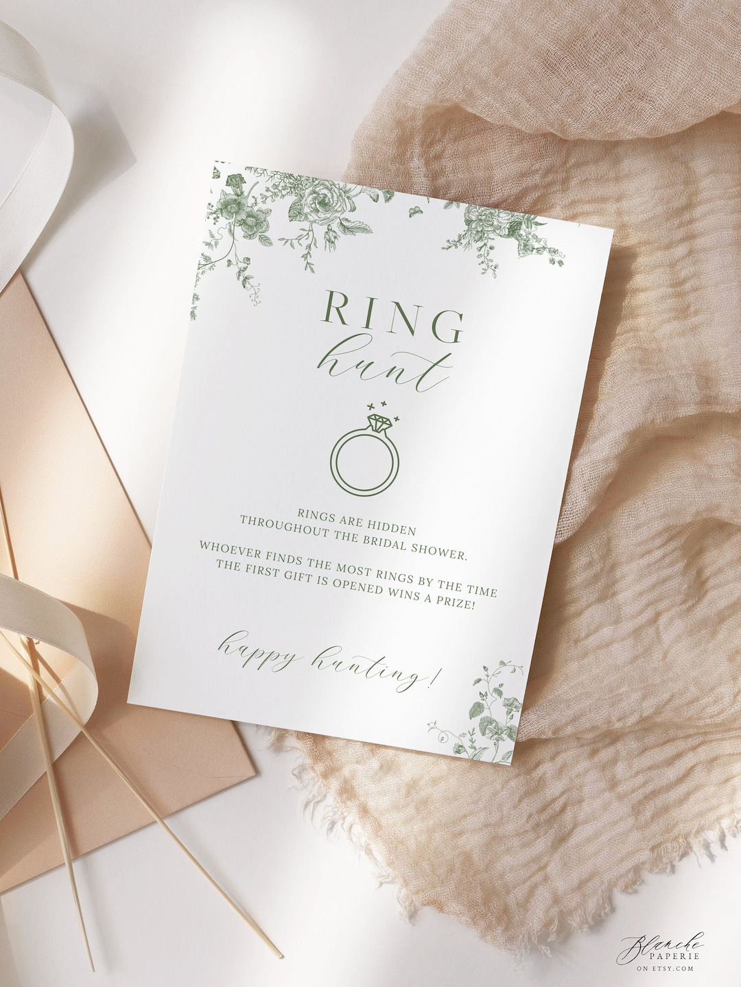 Ring Hunt Bridal Shower Game Template, Green Vintage Floral Bridal