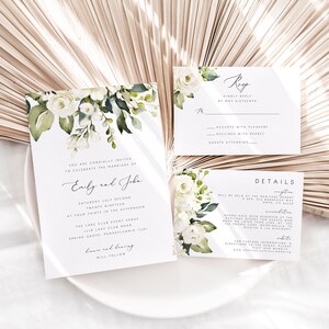 White Floral Wedding Invitation Set Template Greenery White Rose Printable Wedding Invitation Suite Instant Download Editable PDF 21 image 2