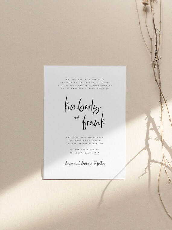 Calligraphy Wedding Invitation Template Modern Wedding Invite Etsy