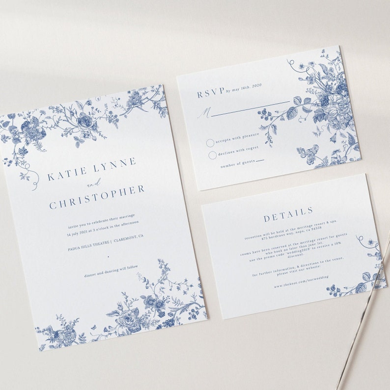 Vintage Floral Wedding Set, Navy Blue Invitation Template, Printable Invitation Set, Instant Download, Botanical Wedding Invite 43 image 2