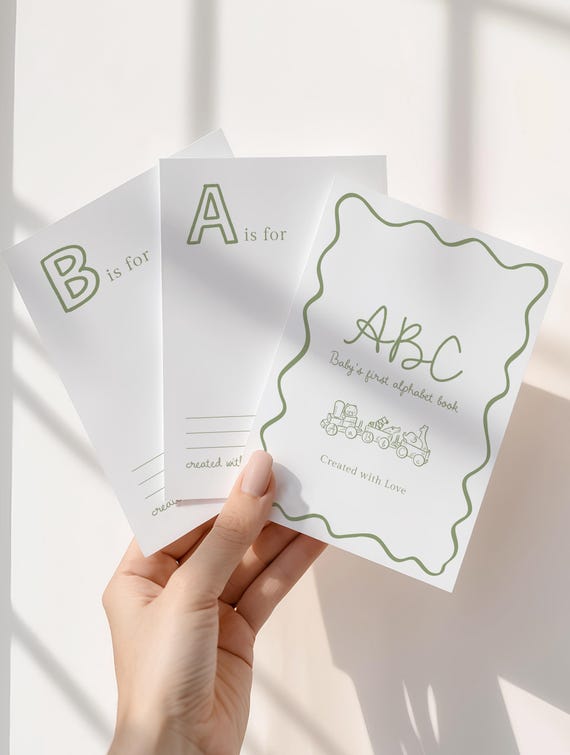 ABC Book Baby Shower - Printable Template with Sage Green Wavy Border