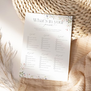 What's In Your Purse Bridal Shower Game, Wildflower Botanical Hen Party Game, What's In Your Bag, Bridal Shower Game, Printable Game 65